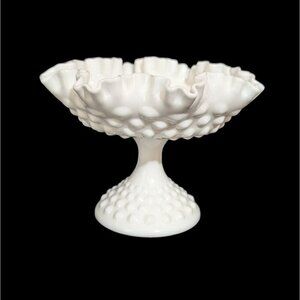 Vintage Fenton Milk Glass Hobnail Compote Candy  Ruffled Edges 5.5" Tall White M